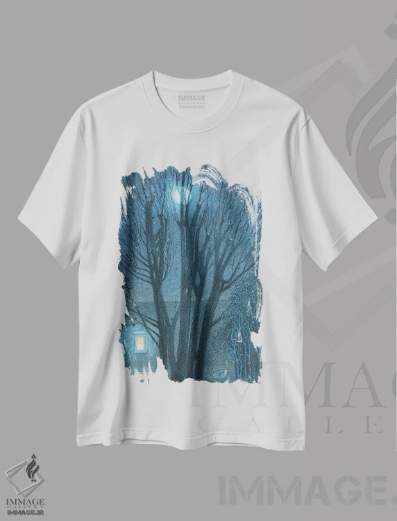 تیشرت سفید طرح دار ماه در درخت افرا زمستانی، هنر فاخر معاصر اثر ایان بک | فروشگاه ایماژ
