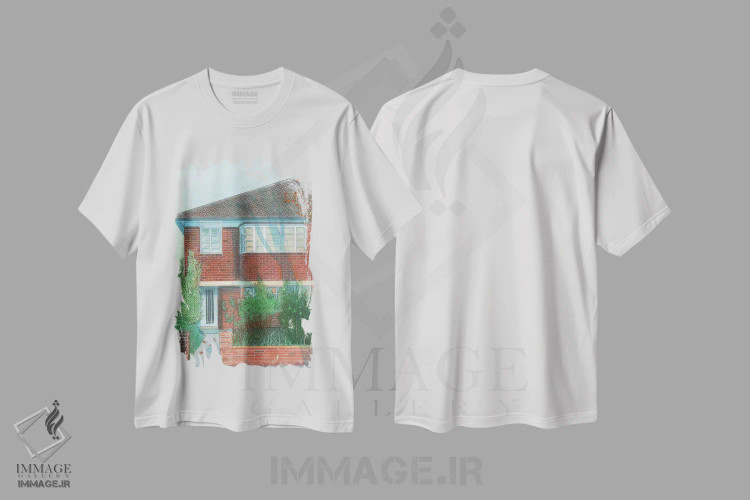 تیشرت سفید طرح دار خانه مدرن با سایه درخت شرق توئیکنهام، هنر فاخر معاصر اثر ایان بک | فروشگاه ایماژ