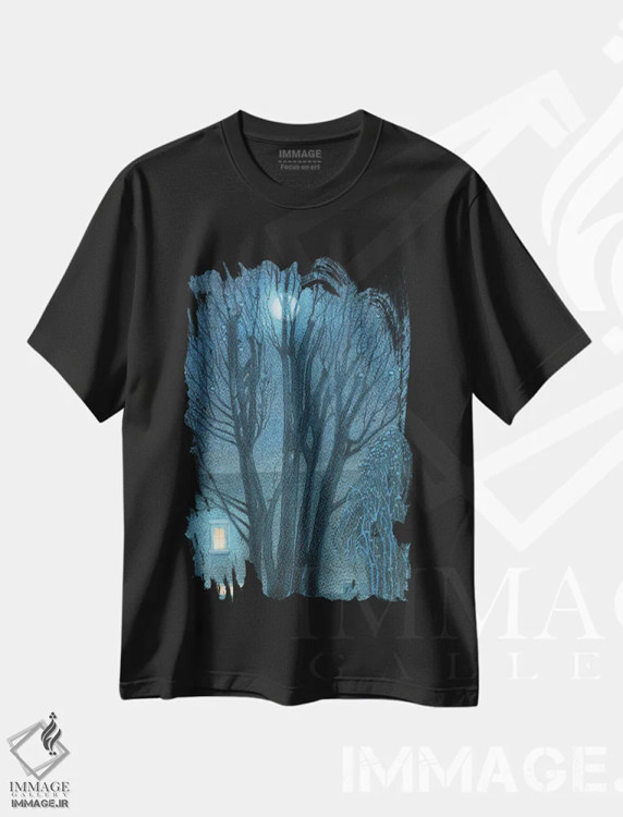 تیشرت مشکی طرح دار ماه در درخت افرا زمستانی، هنر فاخر معاصر اثر ایان بک | immage.ir