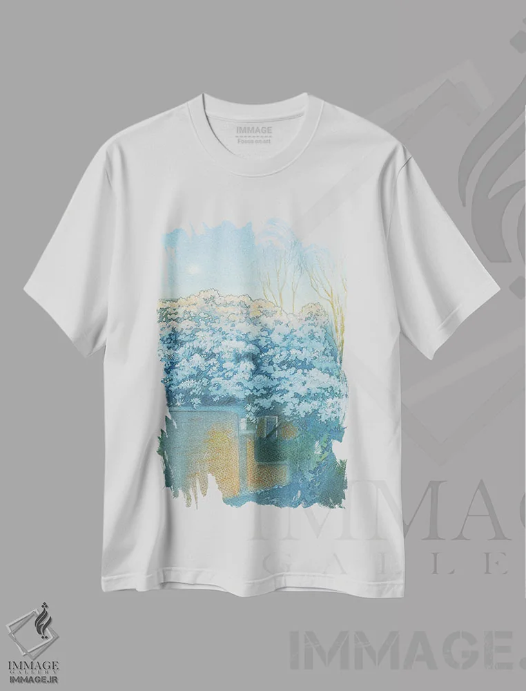 تیشرت سفید طرح دار طلوع ماه آوریل سنت مارگارت، هنر فاخر معاصر اثر ایان بک | immage.ir