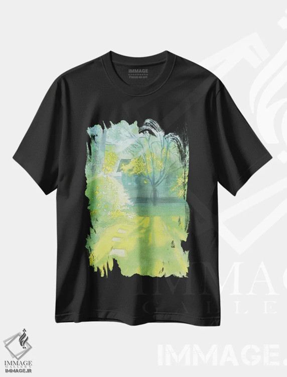 تیشرت مشکی طرح دار نور صبح در باغ، آوریل ۲۰۲۳، هنر فاخر معاصر اثر ایان بک | فروشگاه ایماژ
