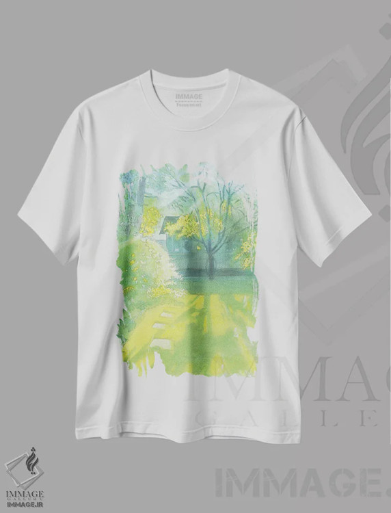 تیشرت سفید طرح دار نور صبح در باغ، آوریل ۲۰۲۳، هنر فاخر معاصر اثر ایان بک | immage.ir
