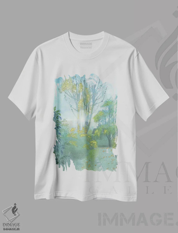 تیشرت سفید طرح دار نور صبح در باغ سنت مارگارت، هنر فاخر معاصر اثر ایان بک | فروشگاه ایماژ