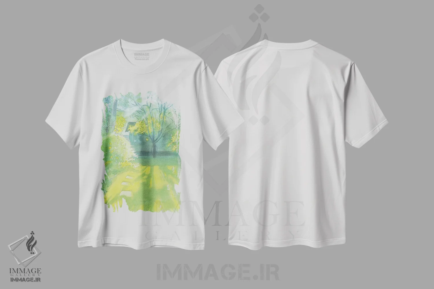 تیشرت سفید طرح دار نور صبح در باغ، آوریل ۲۰۲۳، هنر فاخر معاصر اثر ایان بک | immage.ir