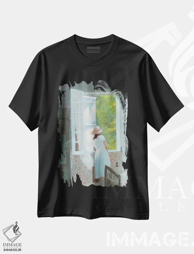 تیشرت مشکی طرح دار پنجره باز وارن ۱۹۸۲، هنر فاخر معاصر اثر ایان بک | فروشگاه ایماژ