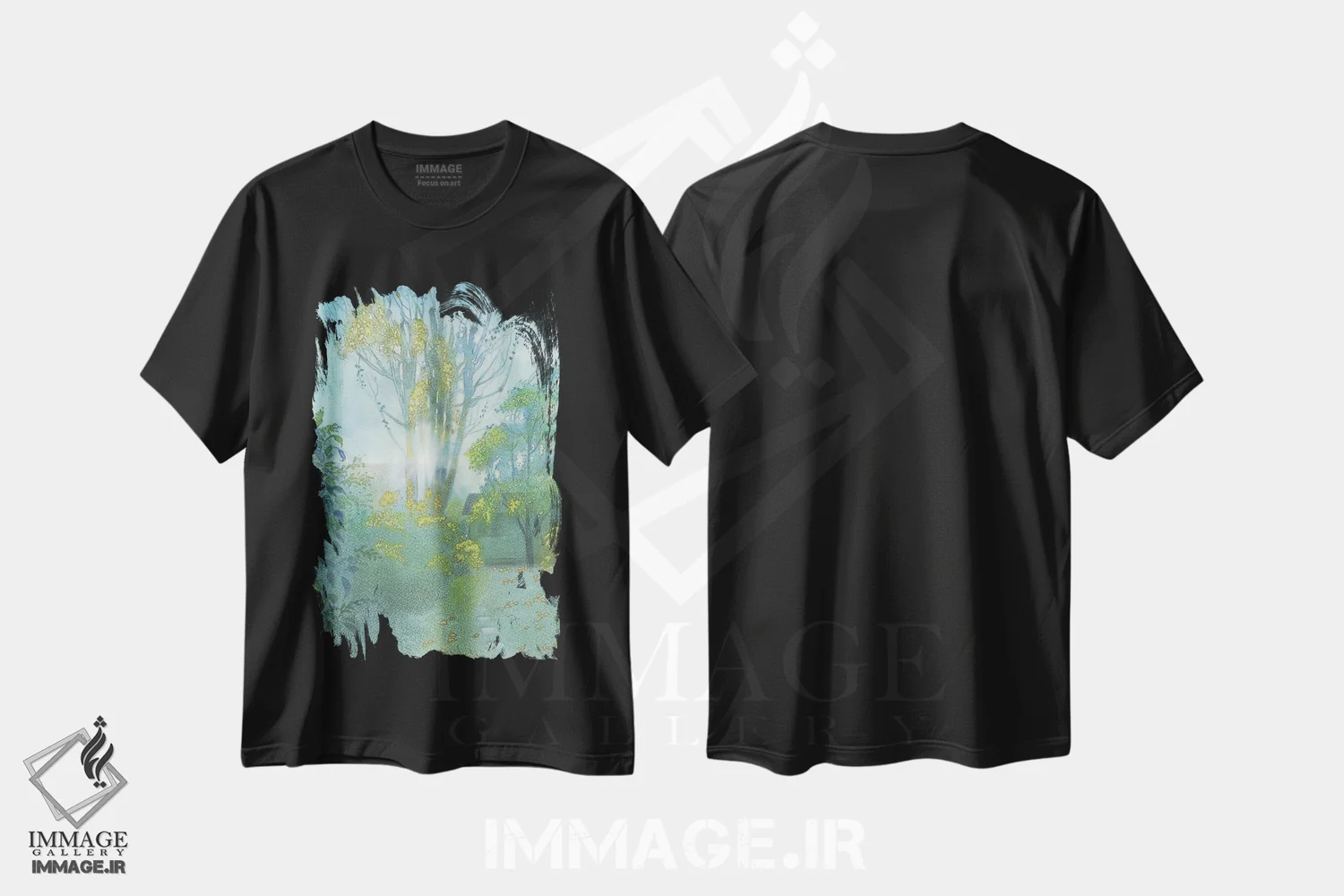 تیشرت مشکی طرح دار نور صبح در باغ سنت مارگارت، هنر فاخر معاصر اثر ایان بک | immage.ir