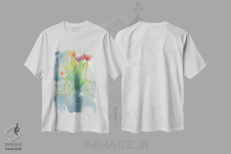 تیشرت سفید طرح دار لاله ها و پرده ۲۰۲۳، هنر فاخر معاصر اثر ایان بک | فروشگاه ایماژ