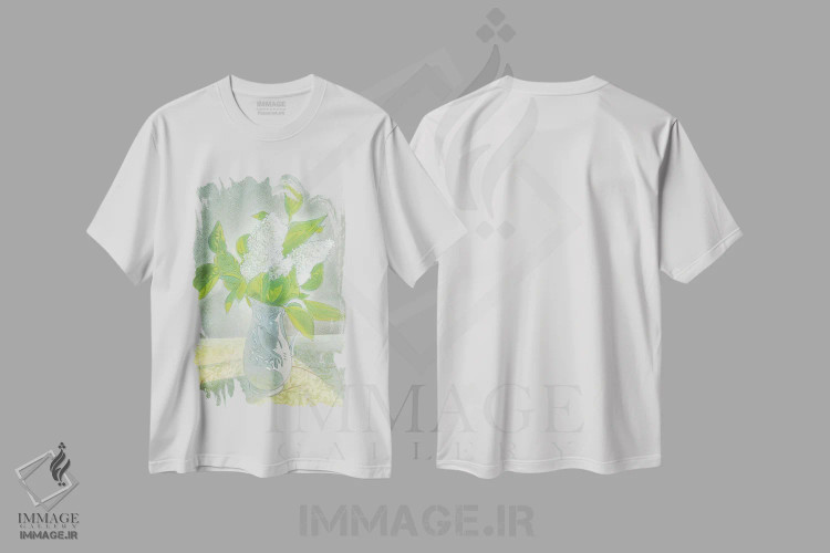 تیشرت سفید طرح دار یاس سفید در کوزه سفید، هنر فاخر معاصر اثر ایان بک | فروشگاه ایماژ