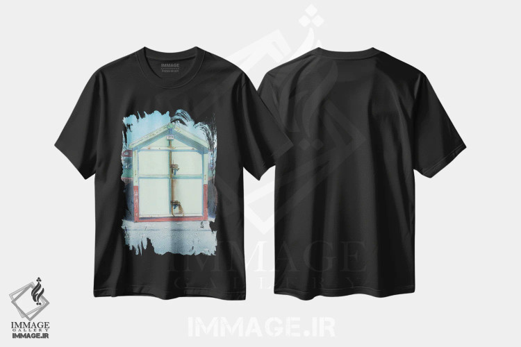 تیشرت مشکی طرح دار کلبه ساحلی ۲، هنر فاخر معاصر اثر ایان بک | فروشگاه ایماژ