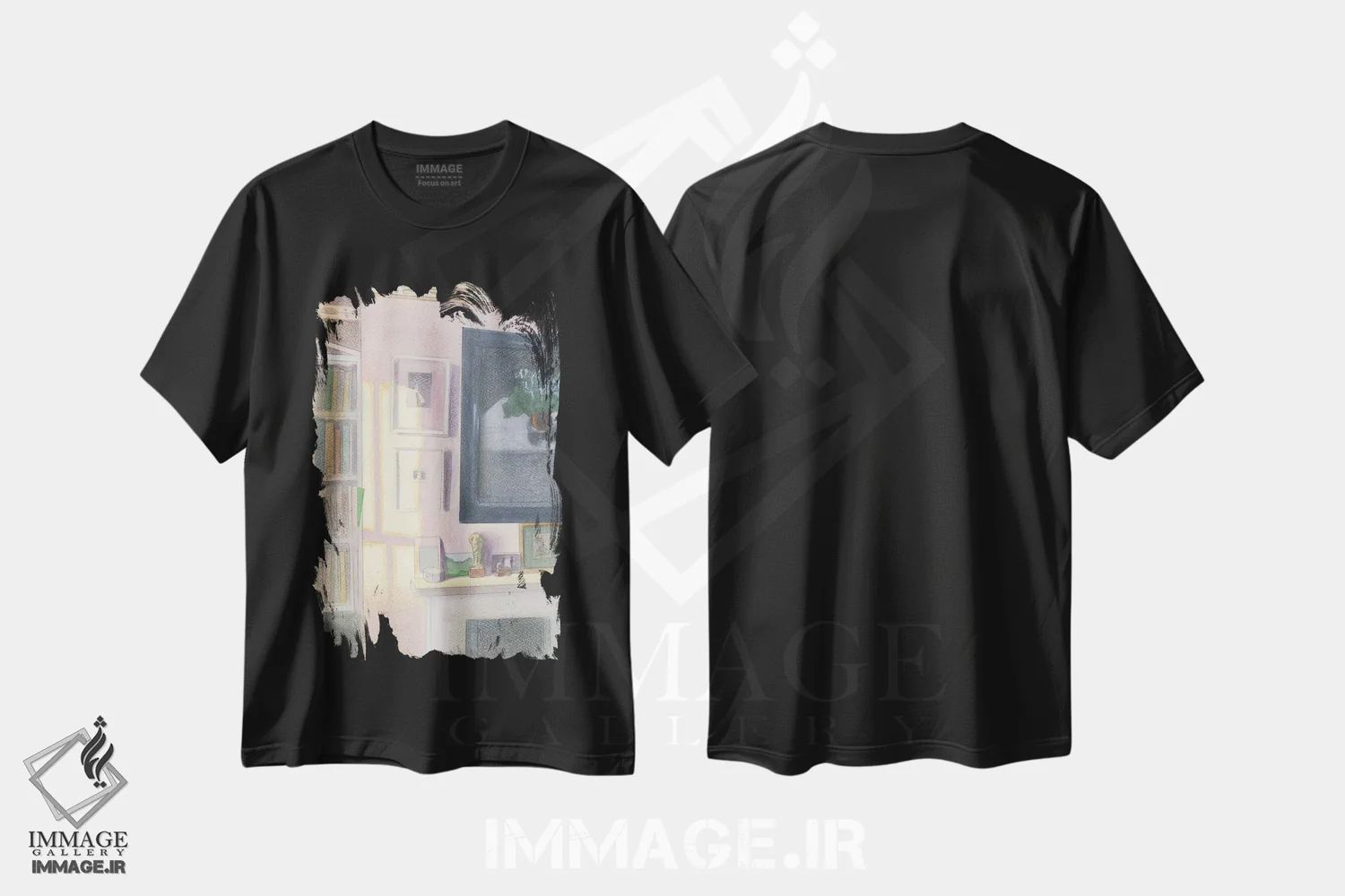 تیشرت مشکی طرح دار نور اتاق خواب، هنر فاخر معاصر اثر ایان بک | فروشگاه ایماژ