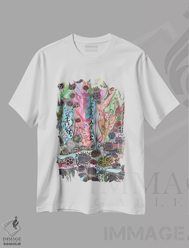 تیشرت سفید طرح دار مایع، آبستره اثر نوئمی ایبارز | immage.ir