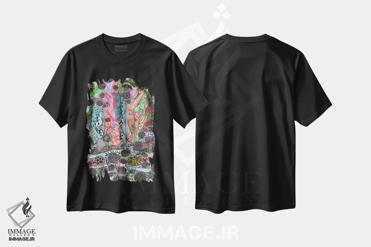 تیشرت مشکی طرح دار مایع، آبستره اثر نوئمی ایبارز | فروشگاه ایماژ