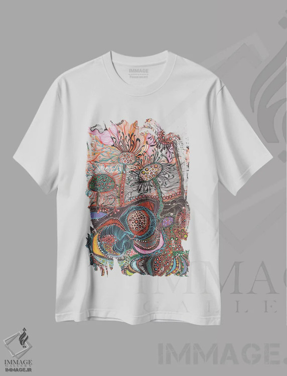 تیشرت سفید طرح دار زمین، آبستره اثر نوئمی ایبارز | فروشگاه ایماژ