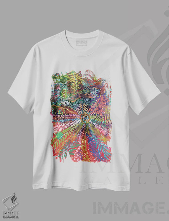 تیشرت سفید طرح دار گلبرگ ها ۳، آبستره اثر نوئمی ایبارز | فروشگاه ایماژ