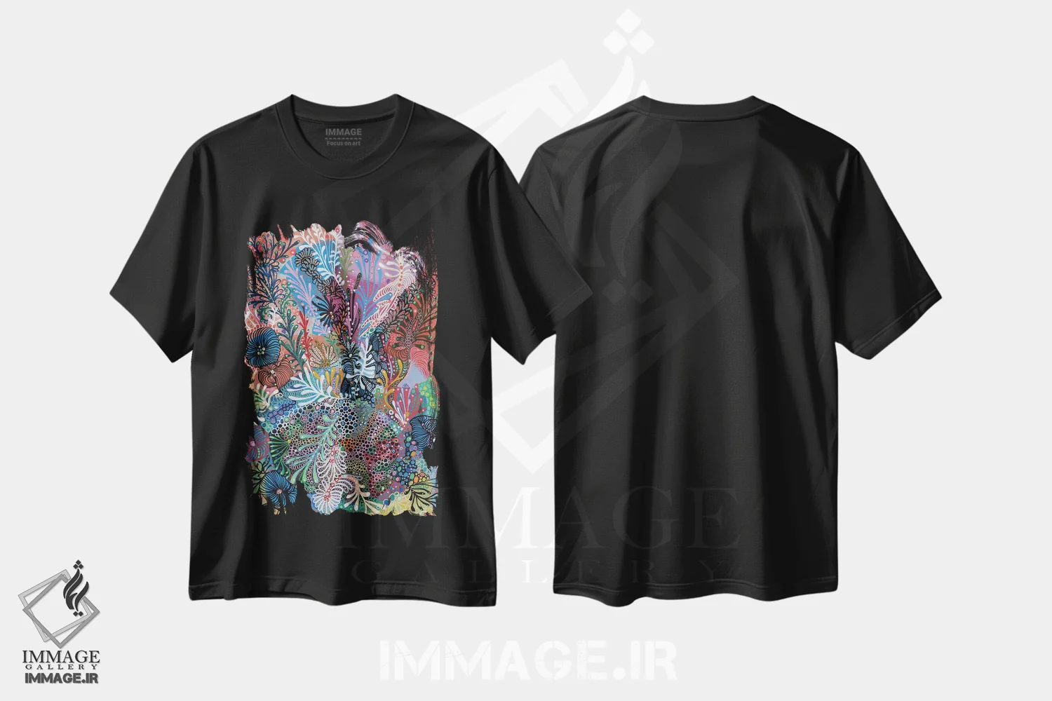 تیشرت مشکی طرح دار بستر دریا ۶ اثر نوئمی ایبارز | فروشگاه ایماژ