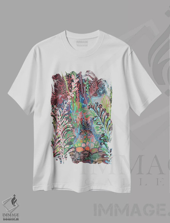 تیشرت سفید طرح دار باغ، آبستره اثر نوئمی ایبارز | فروشگاه ایماژ