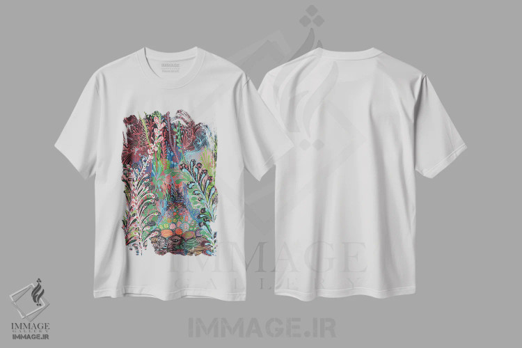 تیشرت سفید طرح دار باغ، آبستره اثر نوئمی ایبارز | فروشگاه ایماژ