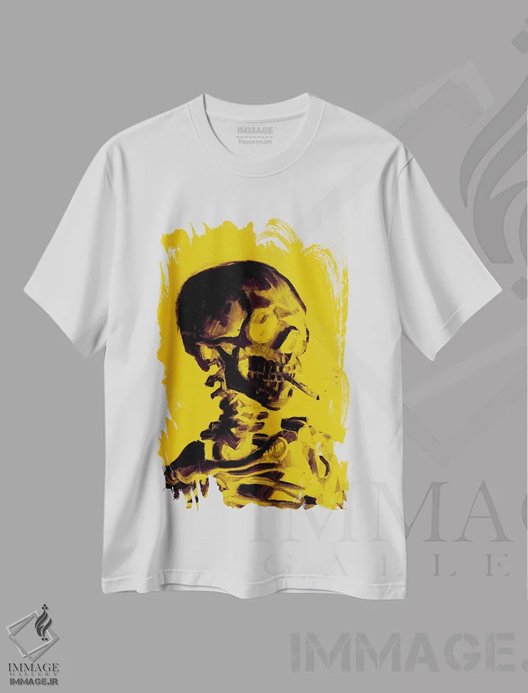 تیشرت سفید طرح دار جمجمه زرد با سیگار، هنر دیجیتال اثر فایو بای فایو کالکتیو | فروشگاه ایماژ