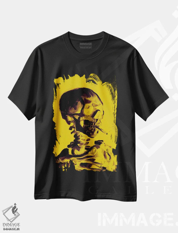 تیشرت مشکی طرح دار جمجمه زرد با سیگار، هنر دیجیتال اثر فایو بای فایو کالکتیو | immage.ir