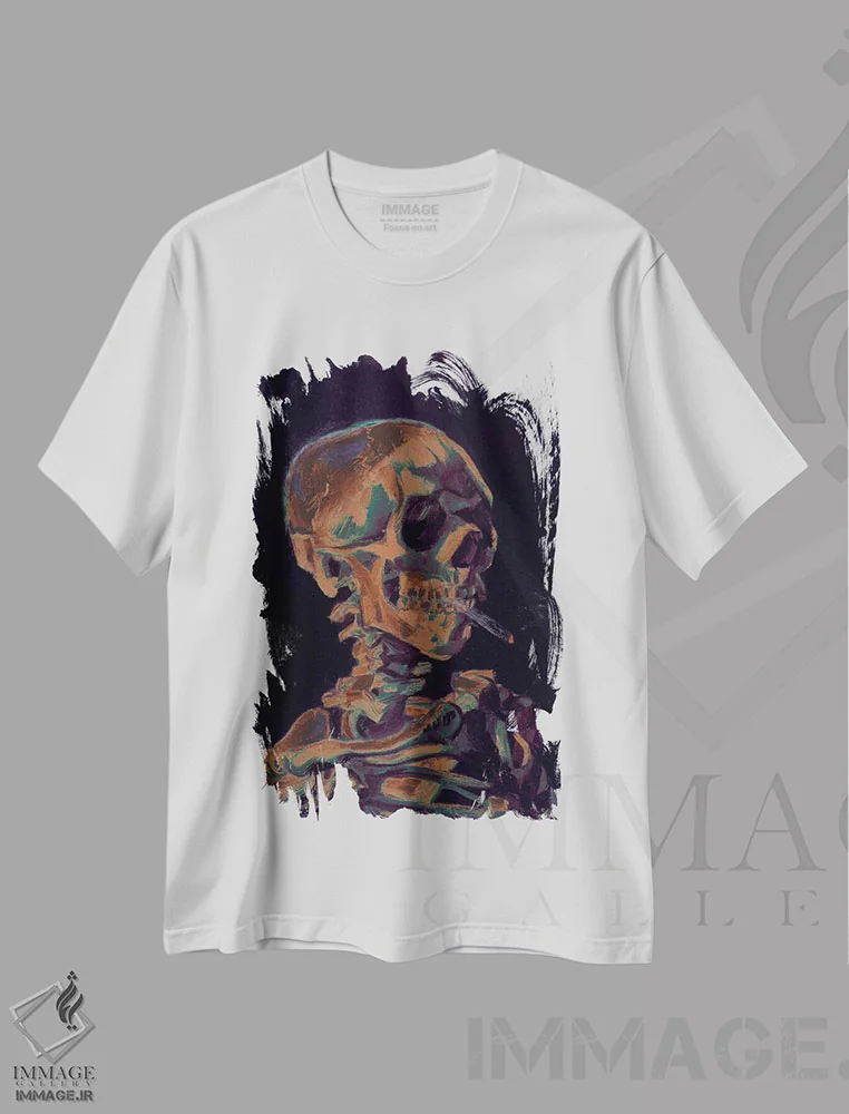 تیشرت سفید طرح دار جمجمه مسی با سیگار، هنر دیجیتال اثر فایو بای فایو کالکتیو | فروشگاه ایماژ