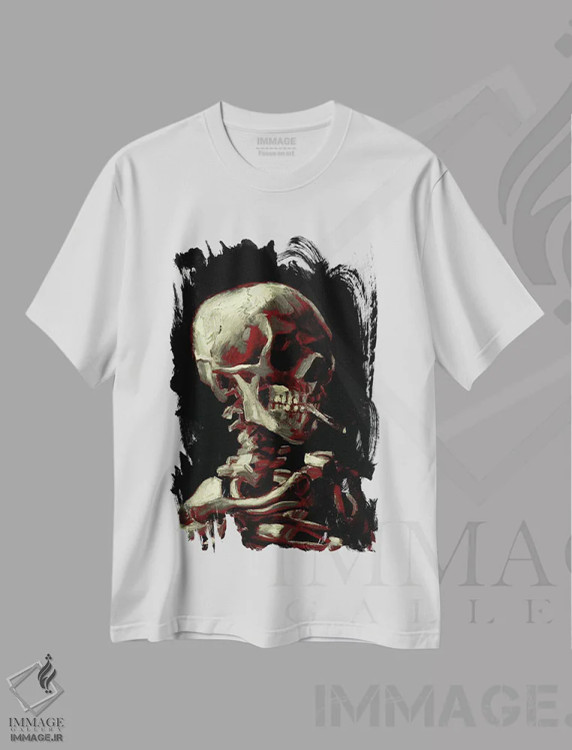 تیشرت سفید طرح دار جمجمه با سیگار با تناژ تیره، هنر دیجیتال اثر فایو بای فایو کالکتیو | immage.ir