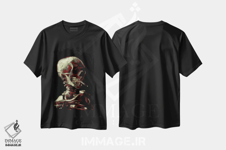 تیشرت مشکی طرح دار جمجمه با سیگار با تناژ تیره، هنر دیجیتال اثر فایو بای فایو کالکتیو | فروشگاه ایماژ