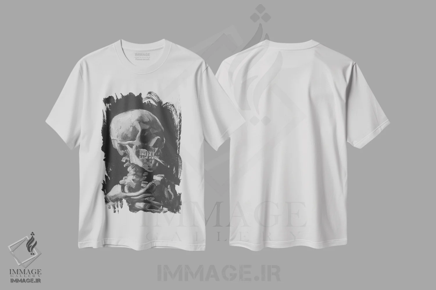 تیشرت سفید طرح دار طرح جمجمه با سیگار، هنر دیجیتال سیاه و سفید اثر فایو بای فایو کالکتیو | immage.ir