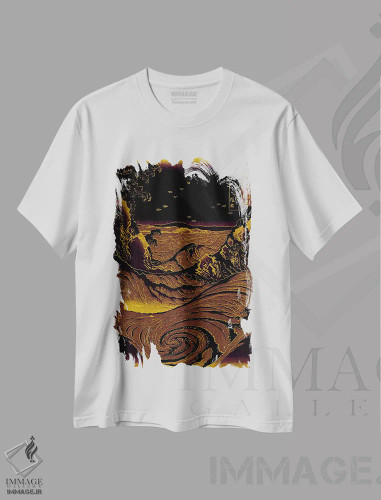 تیشرت سفید طرح دار موج های کوبنده با ورق طلا، هنر دیجیتال اثر فایو بای فایو کالکتیو | فروشگاه ایماژ