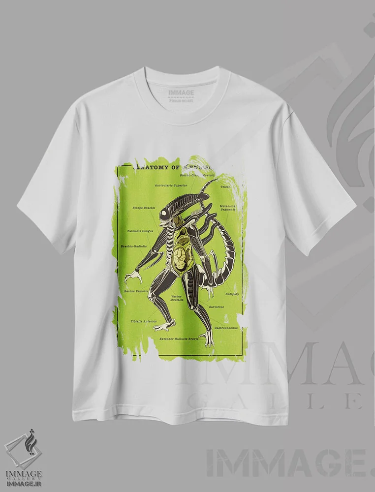 تیشرت سفید طرح دار طرح آناتومی موجود فضایی، هنر دیجیتال اثر فایو بای فایو کالکتیو | immage.ir