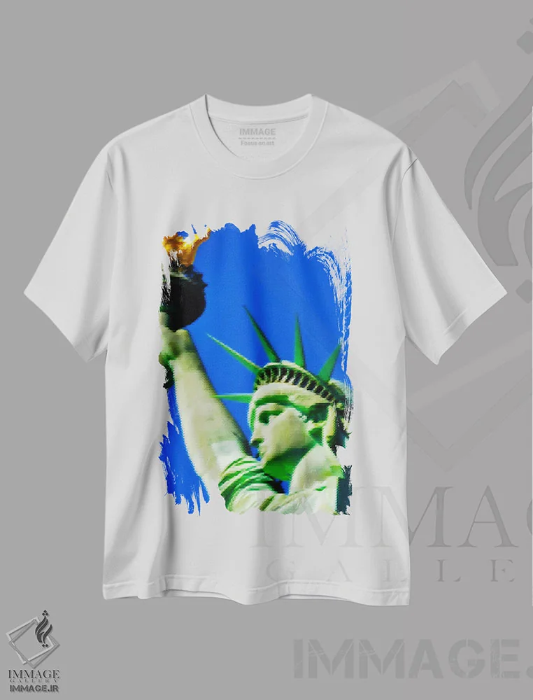 تیشرت سفید طرح دار تندیس آزادی دوخته شده، هنر دیجیتال اثر فایو بای فایو کالکتیو | فروشگاه ایماژ