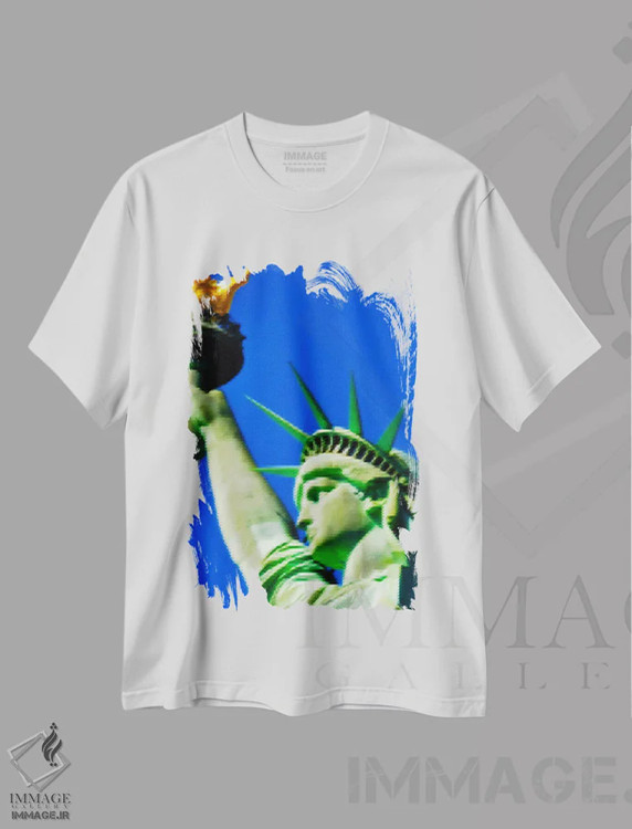 تیشرت سفید طرح دار تندیس آزادی دوخته شده، هنر دیجیتال اثر فایو بای فایو کالکتیو | فروشگاه ایماژ