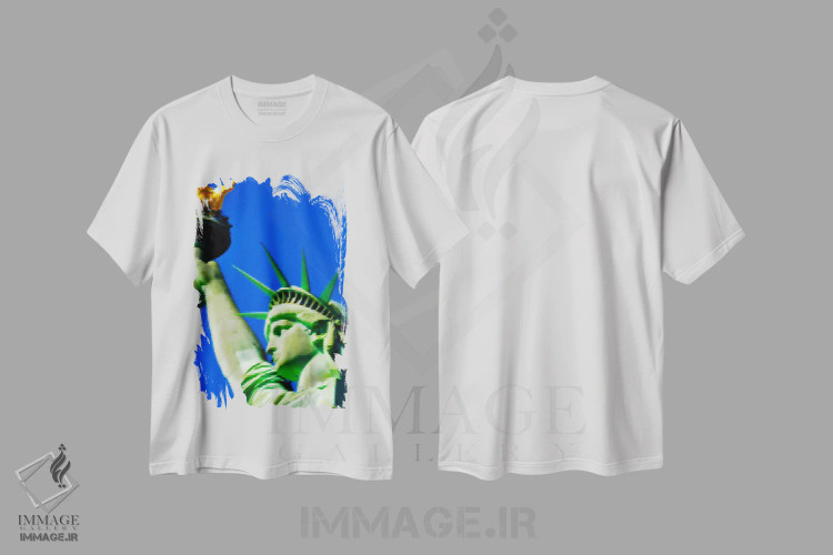 تیشرت سفید طرح دار تندیس آزادی دوخته شده، هنر دیجیتال اثر فایو بای فایو کالکتیو | فروشگاه ایماژ