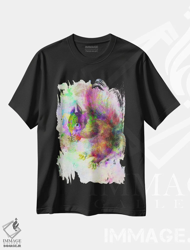 تیشرت مشکی طرح دار سنجاب با آبرنگ، هنر دیجیتال اثر فایو بای فایو کالکتیو | فروشگاه ایماژ