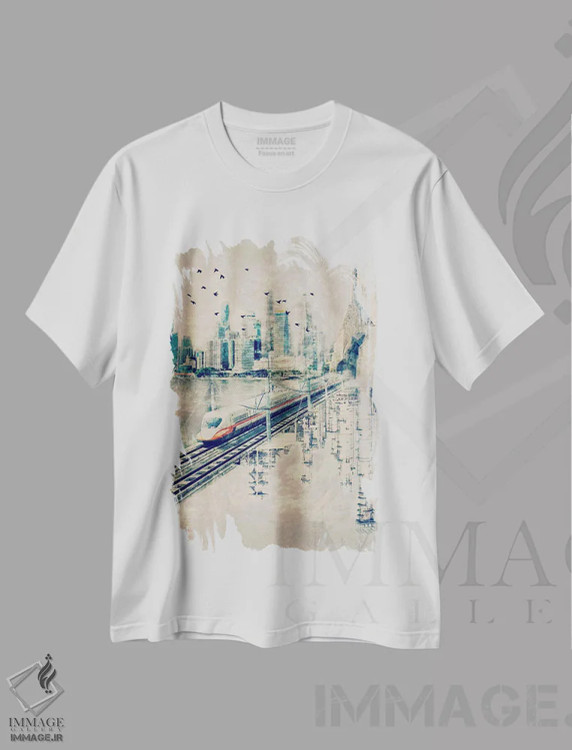 تیشرت سفید طرح دار ریل ها در آسمان، هنر دیجیتال اثر فایو بای فایو کالکتیو | فروشگاه ایماژ