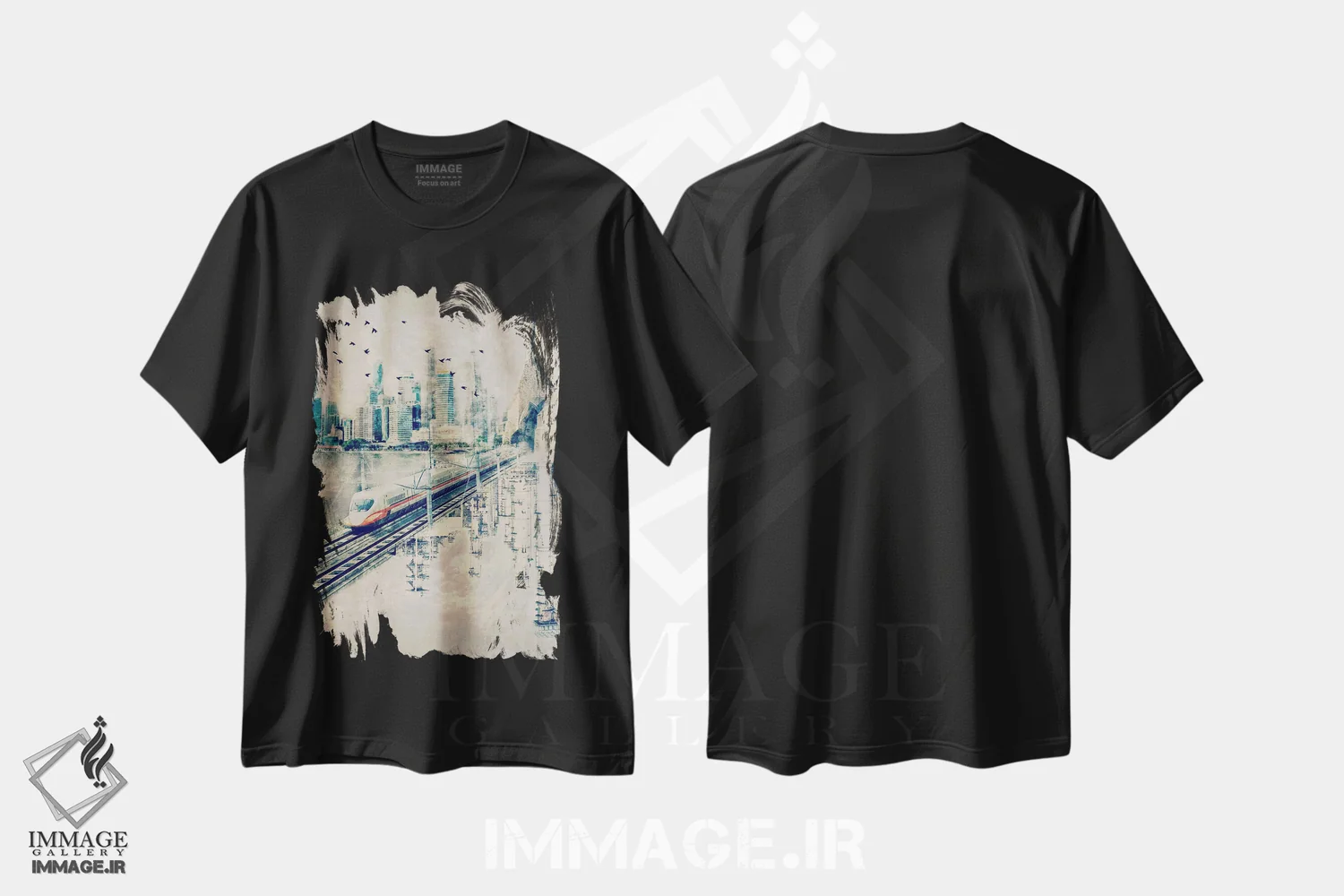 تیشرت مشکی طرح دار ریل ها در آسمان، هنر دیجیتال اثر فایو بای فایو کالکتیو | immage.ir