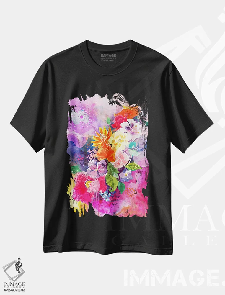 تیشرت مشکی طرح دار گل های بهاری، هنر دیجیتال اثر فایو بای فایو کالکتیو | فروشگاه ایماژ