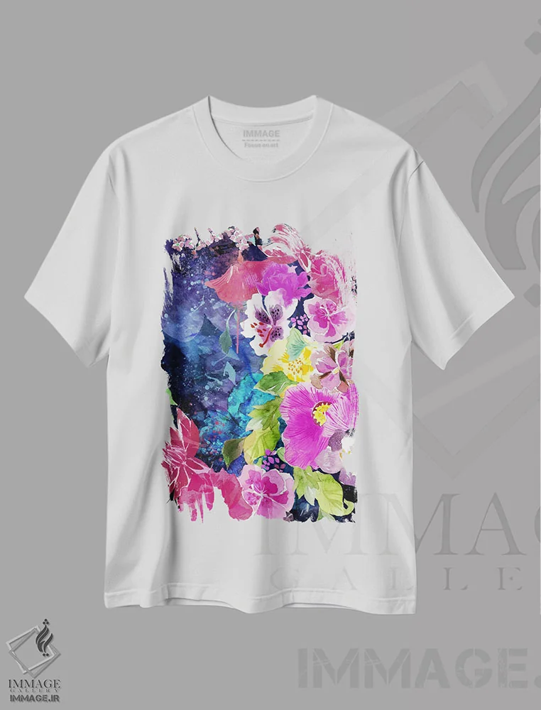 تیشرت سفید طرح دار گل های ماندگار، هنر دیجیتال اثر فایو بای فایو کالکتیو | فروشگاه ایماژ