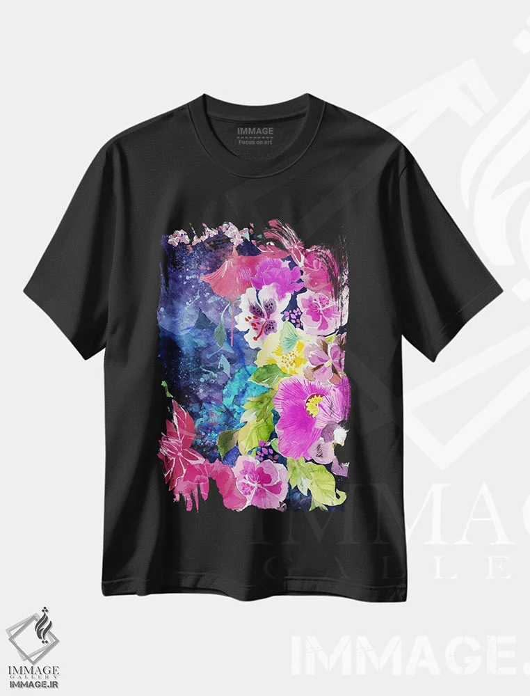 تیشرت مشکی طرح دار گل های ماندگار، هنر دیجیتال اثر فایو بای فایو کالکتیو | immage.ir