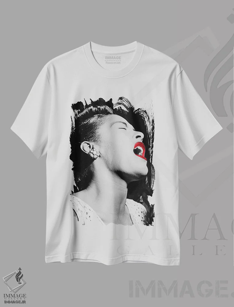 تیشرت سفید طرح دار بیلی هالیدی با رنگ تقویتی، عکاسی با رنگ های درخشان اثر هنرمند ناشناس | فروشگاه ایماژ