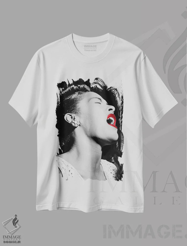 تیشرت سفید طرح دار بیلی هالیدی با رنگ تقویتی، عکاسی با رنگ های درخشان اثر هنرمند ناشناس | فروشگاه ایماژ