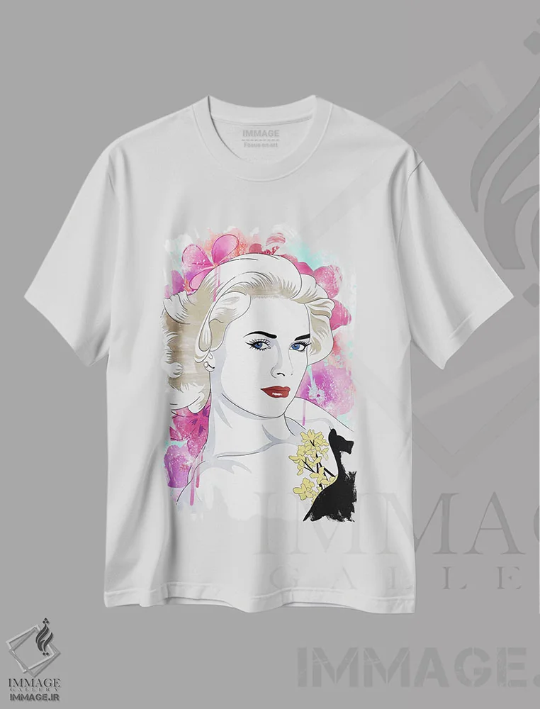 تیشرت سفید طرح دار گریس گل با رنگ تقویتی، هنر دیجیتال اثر فایو بای فایو کالکتیو | فروشگاه ایماژ