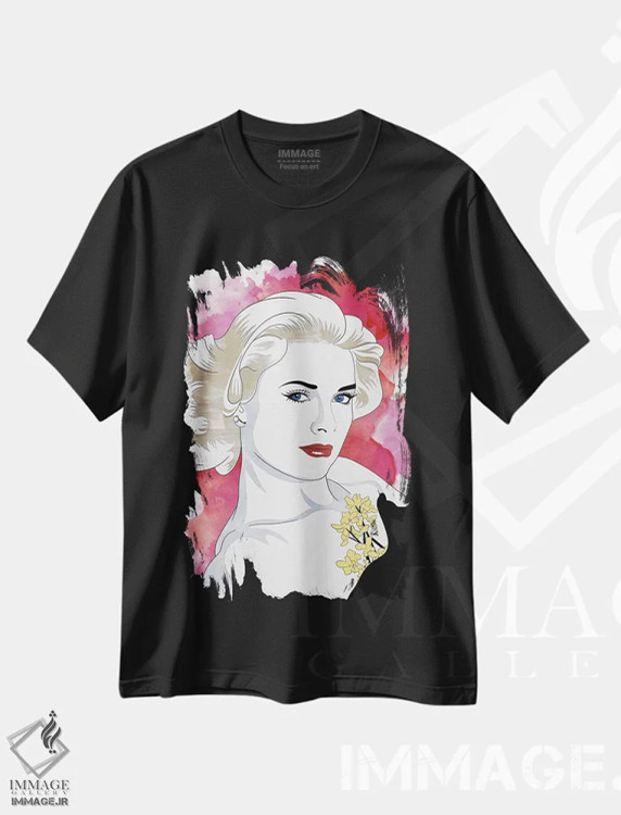 تیشرت مشکی طرح دار گریس با آبرنگ و رنگ تقویتی، هنر فاخر معاصر اثر فایو بای فایو کالکتیو | فروشگاه ایماژ