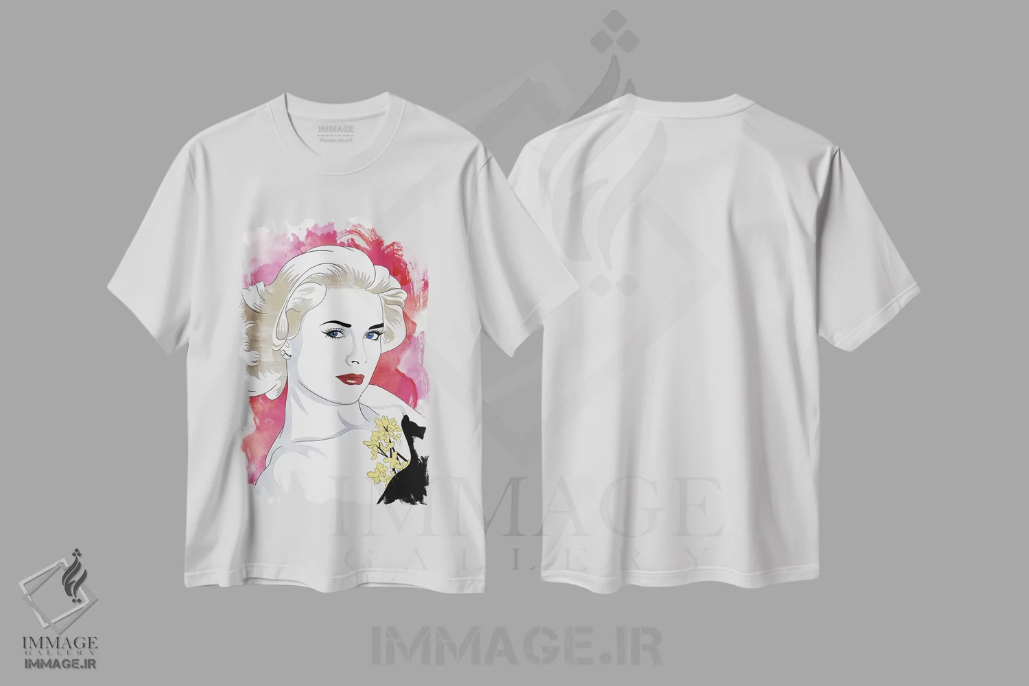 تیشرت سفید طرح دار گریس با آبرنگ و رنگ تقویتی، هنر فاخر معاصر اثر فایو بای فایو کالکتیو | immage.ir