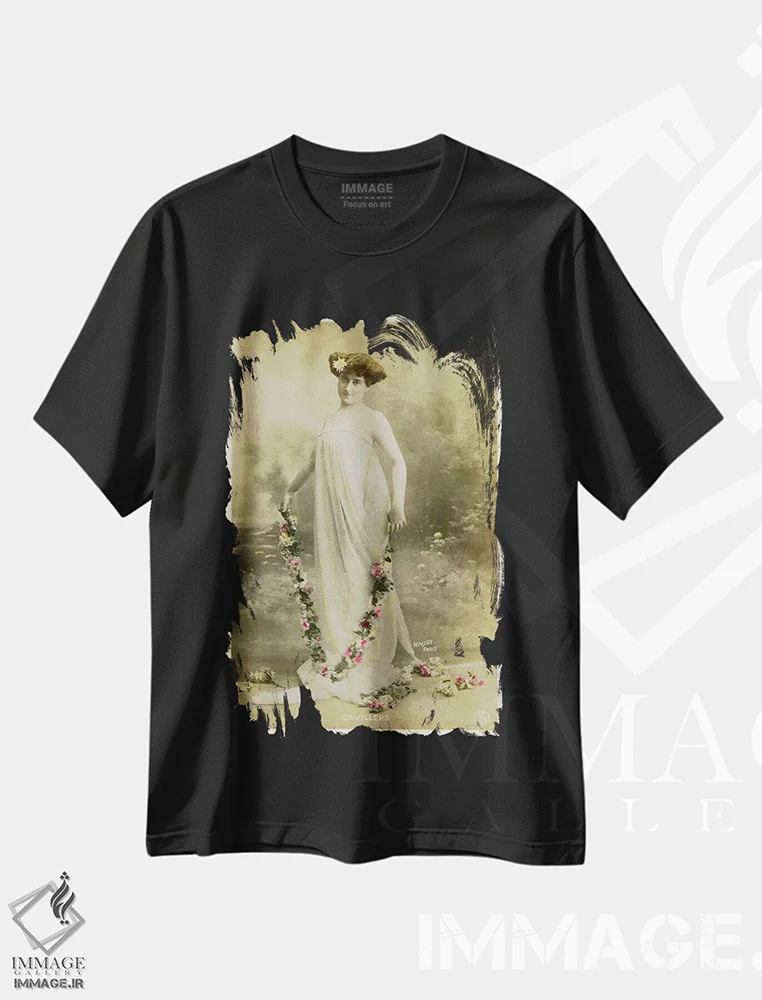 تیشرت مشکی طرح دار گل ها و عشوه گری، وینتیج و رترو اثر هنرمند ناشناس | فروشگاه ایماژ