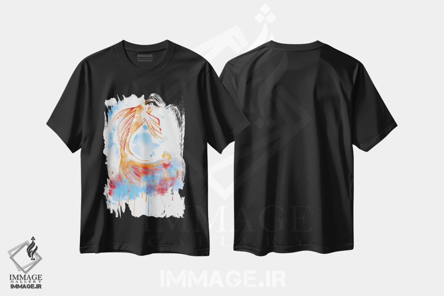 تیشرت مشکی طرح دار ماهی پرنده با آبرنگ، هنر دیجیتال اثر فایو بای فایو کالکتیو | فروشگاه ایماژ