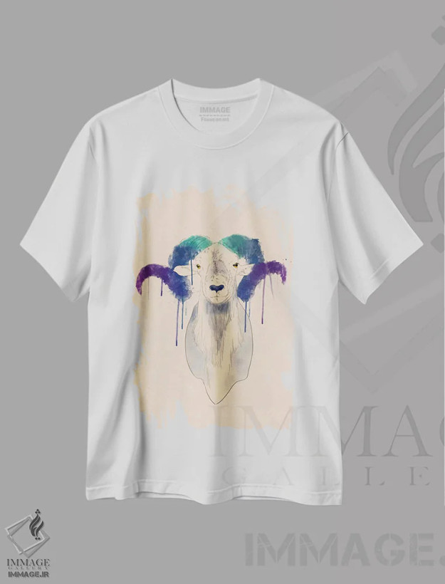 تیشرت سفید طرح دار قوچ آبرنگی، تزئینی اثر فایو بای فایو کالکتیو | فروشگاه ایماژ