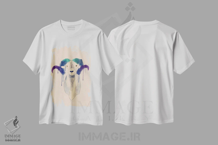 تیشرت سفید طرح دار قوچ آبرنگی، تزئینی اثر فایو بای فایو کالکتیو | فروشگاه ایماژ