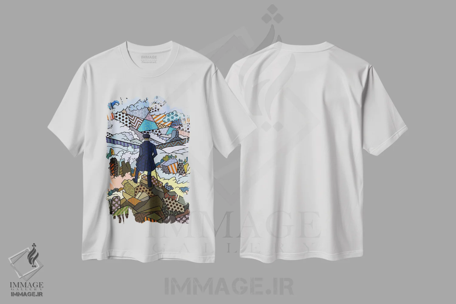 تیشرت سفید طرح دار سرگردان بالای دریا و مه ۳، هنر دیجیتال اثر فایو بای فایو کالکتیو | فروشگاه ایماژ