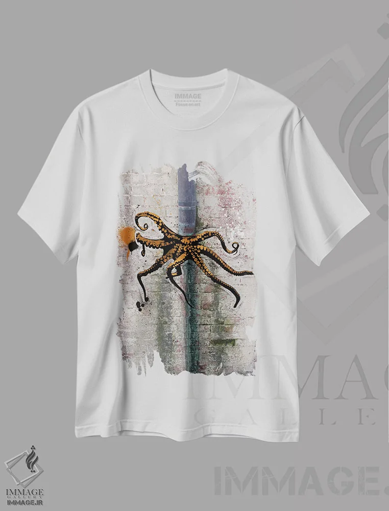 تیشرت سفید طرح دار اختاپوس رها شده، هنر دیجیتال اثر فایو بای فایو کالکتیو | immage.ir