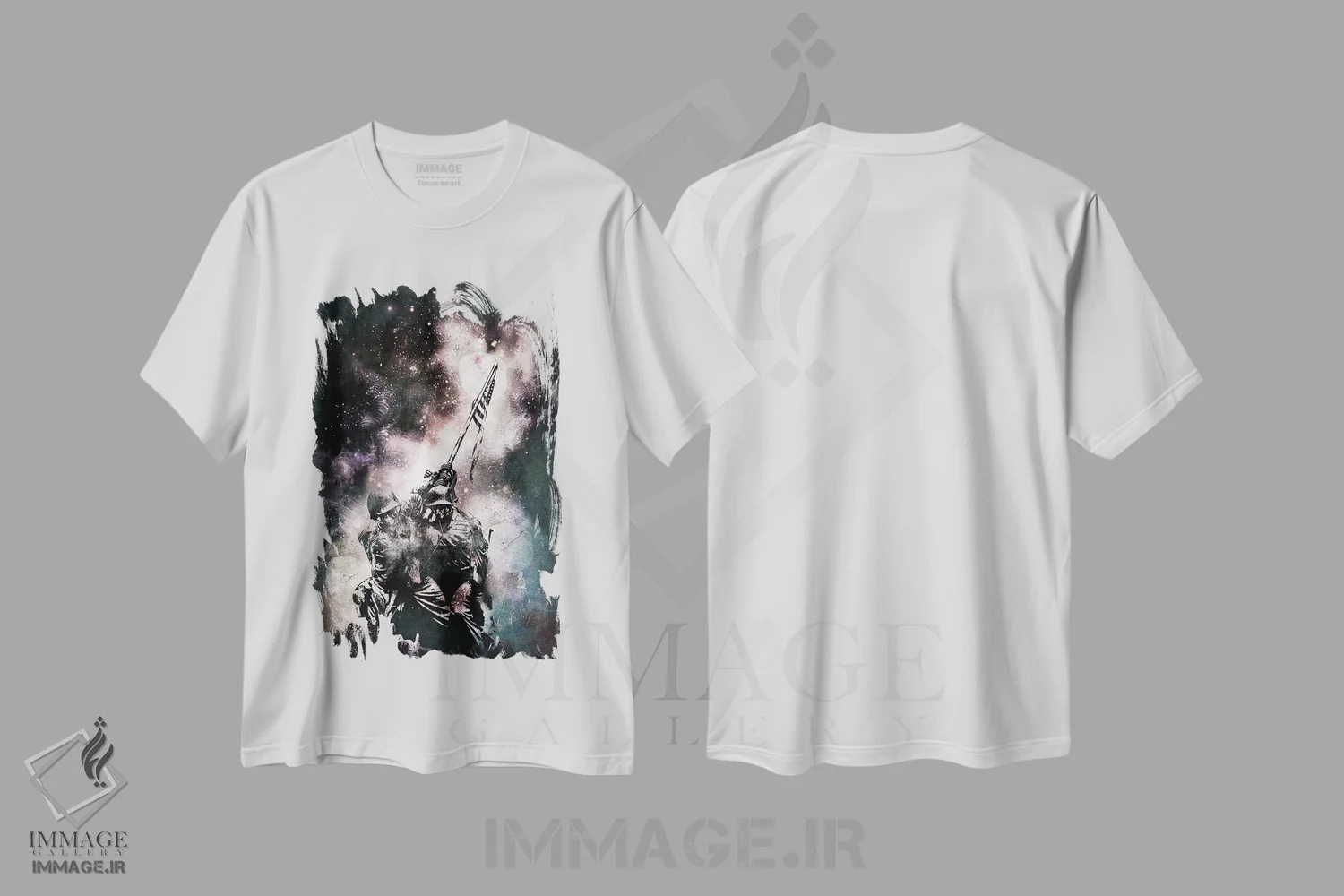 تیشرت سفید طرح دار برافراشتن پرچم، هنر دیجیتال اثر فایو بای فایو کالکتیو | فروشگاه ایماژ